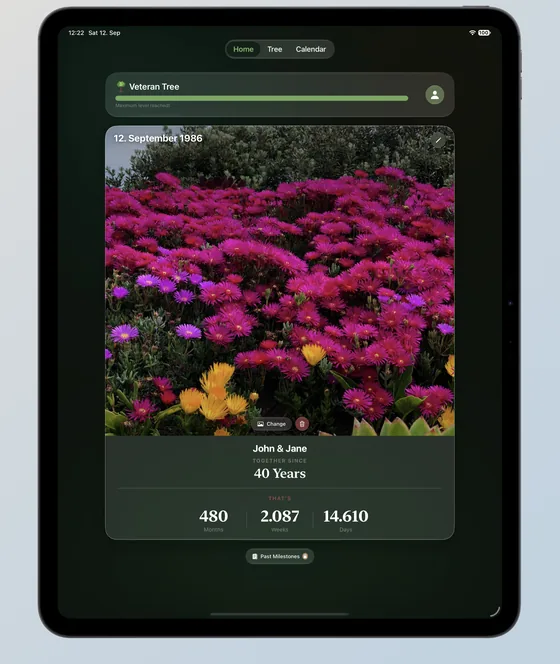 Seedlore on iPad: the same relationship overview with a large photo and the counters for months, weeks and days.