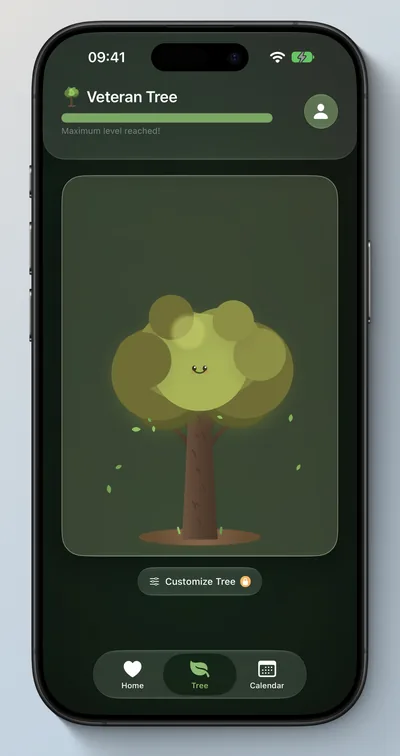 Seedlore on iPhone: a fully grown veteran tree with falling leaves, marked as maximum level reached.