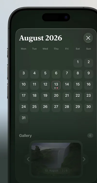 Seedlore on iPhone: a monthly calendar for August 2026 with marked days and a photo gallery underneath.
