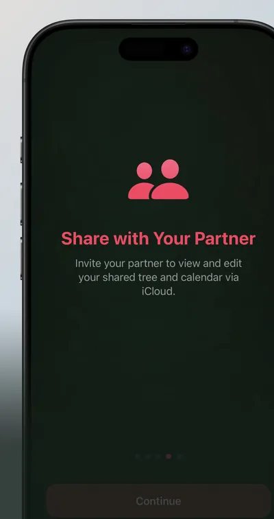 Seedlore on iPhone: the invitation screen for sharing your tree and calendar with your partner via iCloud.